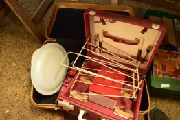 SUITCASE, A TRAVELLING PICNIC SET AND A RETRO WIRE WORK MAGAZINE RACK