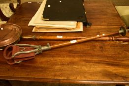 COPPER BED WARMING PAN WITH TURNED WOODEN HANDLE AND A FOLDING SHOOTING STICK