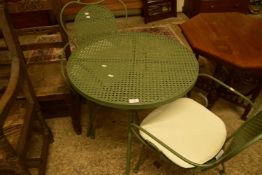 METAL FRAMED CIRCULAR PATIO TABLE AND PAIR OF CHAIRS, TABLE 70CM DIAM
