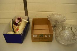 TWO BOXES MIXED CERAMICS AND GLASS TO INCLUDE A ROYAL WINTON VASE, CERAMIC FLOWERS, GLASS BOWLS,