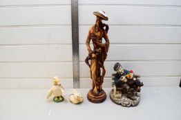 CHINESE RESIN FIGURE TOGETHER WITH A CAPO DI MONTE STYLE FIGURE AND TWO MODEL DUCKS (4)