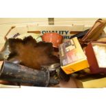 BOX OF VARIOUS ASSORTED MIXED WARES TO INCLUDE WOODEN FRUIT BOWL, DESK BELL, WEDGWOOD CRYSTAL