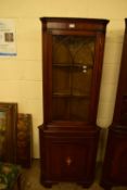 REPRODUCTION MAHOGANY CORNER CABINET WITH GLAZED TOP SECTION AND CUPBOARD BASE, 180CM HIGH