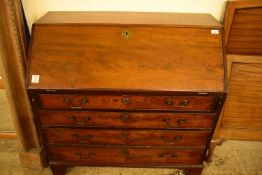 GEORGE III MAHOGANY BUREAU WITH FITTED INTERIOR OVER A FOUR DRAWER BASE RAISED ON BRACKET FEET,