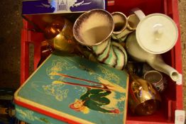 BOX OF MIXED CERAMICS AND GLASS WARES TO INCLUDE COFFEE WARES, GILT GLASS WINES, VARIOUS VASES ETC