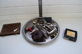 SILVER PLATED TRAY CONTAINING VARIOUS MIXED CUTLERY, BAKELITE BOX, ETC