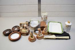 BOX OF MIXED ITEMS TO INCLUDE MINIATURE FRAMED PORCELAIN PICTURES, FRAMED POT LID DECORATED WITH