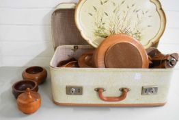 CASE CONTAINING VARIOUS TURNED WOODEN BOWLS, SHOE STRETCHERS, WOODEN NUT CRACKER AND OTHER ITEMS