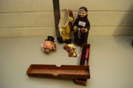 NOVELTY DECANTER FORMED AS A MONK, TOGETHER WITH ONE OTHER AND A CASE OF THERMOMETERS