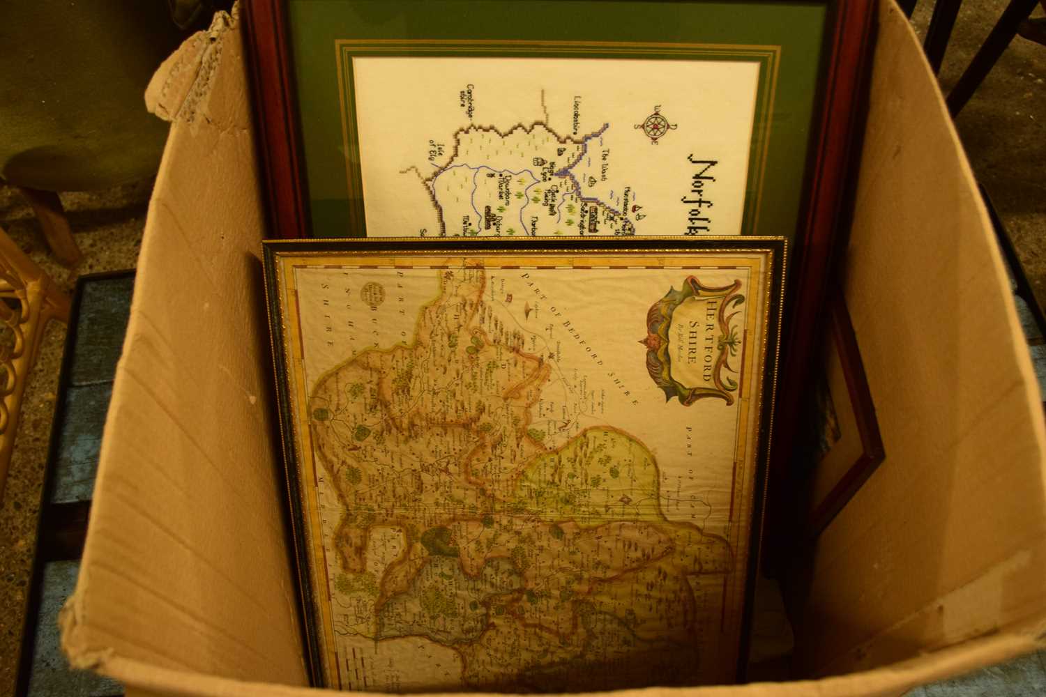 FRAMED MAP OF HERTFORDSHIRE TOGETHER WITH FURTHER NEEDLEWORK MAP OF NORFOLK AND OTHER ASSORTED