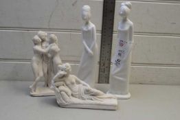 TWO SPODE FIGURINES 'PRISCILLA' AND 'HENRIETTA', TOGETHER WITH TWO FURTHER BISQUE FIGURES (4)