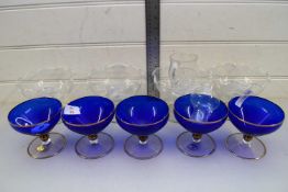 COLLECTION OF VARIOUS GLASS WARES COMPRISING BLUE GLASS SUNDAE DISHES, CLEAR GLASS SUNDAE DISHES,