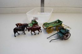THREE DIE-CAST HORSE AND CARRIAGE/CART MODELS BY BRITAINS AND CHARBENS