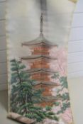 CHINESE PAINTING ON FABRIC OF A PAGODA, UNFRAMED