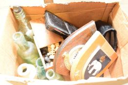 BOX OF MIXED ITEMS TO INCLUDE VINTAGE BOTTLES, CASE OF CHESS PIECES, MILITARY CREST WALL PLAQUES,