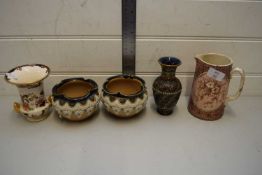 MIXED LOT COMPRISING A PAIR OF DOULTON LAMBETH SMALL JARDINIERES WITH CRIMPED RIMS, A MASONS
