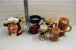 MIXED LOT OF BEER STEINS, ROYAL DOULTON CHARACTER JUG 'PORTHOS' AND A FURTHER TOBY JUG