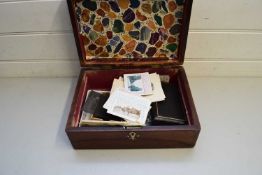 SMALL 19TH CENTURY ROSEWOOD BOX CONTAINING ORIGINAL PHOTOS OF THE QUEEN AND QUEEN MOTHER PLUS MANY