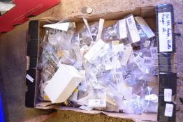 BOX OF AS NEW HARDWARE STORE PRE-PACKED HOOKS AND BOLTS, HINGES ETC