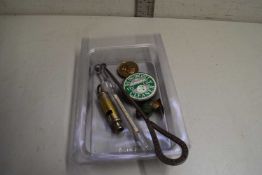 TRAY OF MIXED ITEMS TO INCLUDE AN ACME WHISTLE, A BOOT HOOK, SMALL BRONZED METAL MEDALLION ETC