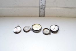 COLLECTION OF VARIOUS THREE SILVER CASED POCKET WATCHES PLUS TWO FURTHER CASES WITH NO MOVEMENTS,