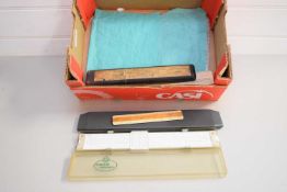 BOX OF VARIOUS SLIDE RULES, VINTAGE RULERS AND OTHER ITEMS