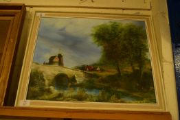 LESLIE LAING, STUDY OF FIGURES ON A RIVER BRIDGE WITH WINDMILL AND COTTAGES, OIL ON BOARD, FRAMED,