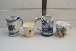 TWO MODERN DELFT TANKARDS AND TWO ROYALTY MUGS