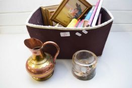 BOX OF VARIOUS ANTIQUES GUIDE BOOKS, FRAMED ORIENTAL PRINT, BRASS AND COPPER JUG AND OTHER ITEMS