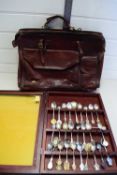CASE OF VARIOUS COLLECTORS SPOONS TOGETHER WITH A BROWN LEATHER BAG