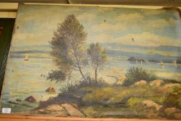 EARLY 20TH CENTURY STUDY, ESTUARY SCENE WITH BOATS, OIL ON CANVAS, INDISTINCTLY SIGNED, UNFRAMED,