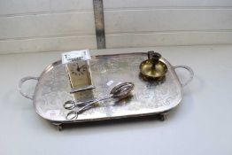 SILVER PLATED SERVING TRAY TOGETHER WITH SERVING TONGS, CHAMBER STICK AND A QUARTZ MOVEMENT CARRIAGE