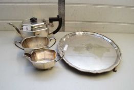 SILVER PLATED THREE PIECE TEA SERVICE AND ACCOMPANYING TRAY