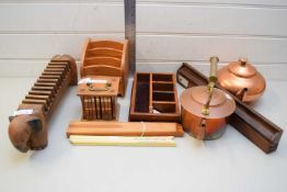 MIXED LOT OF WOODEN WARES, COPPER KETTLES, AND OTHER ITEMS