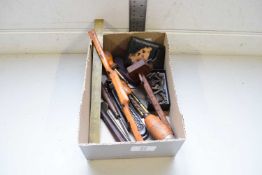 BOX OF MIXED SMALL TOOLS, GLASS COLOUR FILTER SLIDES, ETC