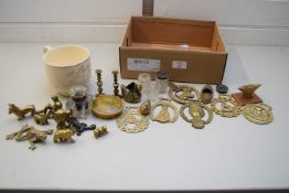 MIXED LOT VARIOUS HORSE BRASSES, SMALL BRASS ANIMALS, OVERSIZED CUP MARKED ‘A PRESENT FROM HERNE