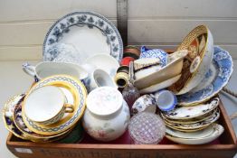 BOX OF VARIOUS CERAMICS AND GLASS TO INCLUDE COALPORT GILT DECORATED SAUCERS, MINTONS GILT DECORATED