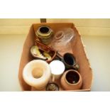 BOX OF MIXED ITEMS TO INCLUDE OIL LAMP FONT, ALABASTER VASE ETC