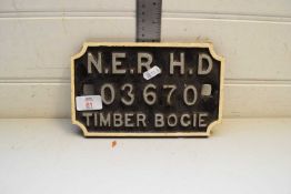 HULL INTEREST - AN N.E.R.HD HULL DOCKS WAGON PLATE MARKED 'TIMBER BOGIE'