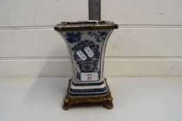 CONTEMPORARY BLUE AND WHITE CRACKLE GLAZED VASE WITH METAL MOUNTS