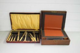 VINTAGE MAHOGANY WRITING BOX AND A CASED SET OF DESSERT CUTLERY