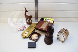 MIXED LOT OF BRASS CRIBBAGE BOARD, SMALL SILVER PLATED DISHES, BOX OF GAMING COUNTERS, MODEL OF AN