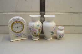 MIXED LOT COMPRISING AN AYNSLEY 'LITTLE SWEETHEART' MANTEL CLOCK TOGETHER WITH TWO VASES IN THE SAME