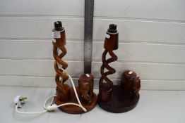 PAIR OF HARDWOOD TABLE LAMP BASES WITH ELEPHANT DECORATION