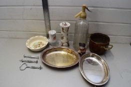 BOX OF MIXED ITEMS TO INCLUDE A ROYAL DOULTON BUNNIKINS BOWL, SILVER PLATED ENTREE DISH, SODA SIPHON