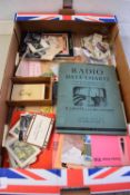 BOX CONTAINING VARIOUS CIGARETTE CARDS, RADIO DATA CHARTS BOOK, VINTAGE PHOTOGRAPHS ETC