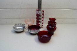 MIXED LOT COMPRISING PAIR OF SMALL RED GLASS VASES, JUG AND SUGAR BOWL WITH RED GLASS LINERS, A