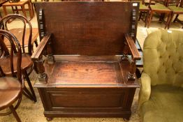 20TH CENTURY OAK MONKS BENCH, WITH STORAGE BASE, 91CM WIDE