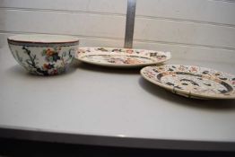 MIXED LOT COMPRISING AN IRONSTONE OVAL MEAT PLATE, A FURTHER IRONSTONE PLATE AND A RIDGWAYS VESPER