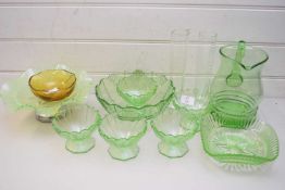 COLLECTION OF VARIOUS EARLY 20TH CENTURY URANIUM GLASS ITEMS TO INCLUDE LEMONADE JUG, SUNDAE DISHES,